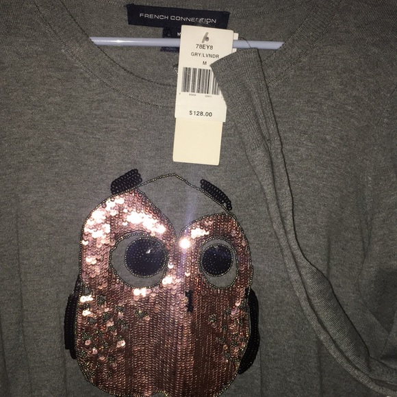 NWT French Connection long sleeve gray owl sweater - Picture 2 of 4